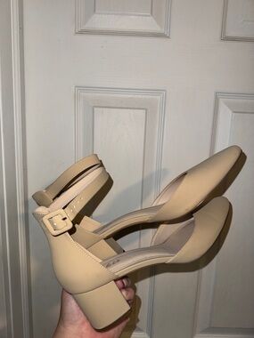 Block Heel Ankle-Strap Pumps in Beige
